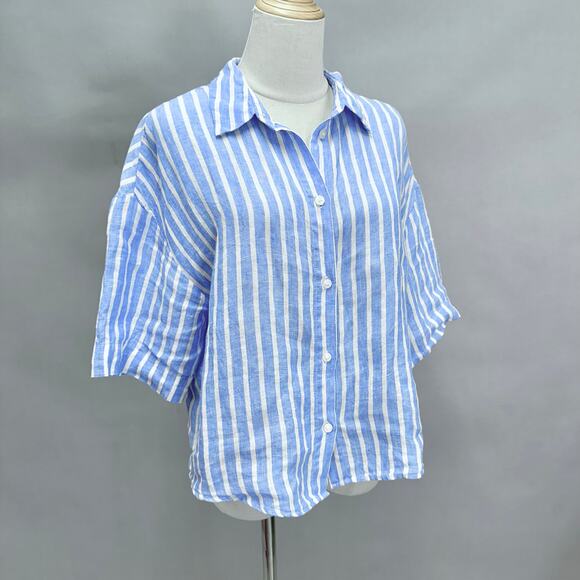 H&M blue striped linen 3/4 sleeve button up cropped top size Small boxy oversize - Picture 15 of 16